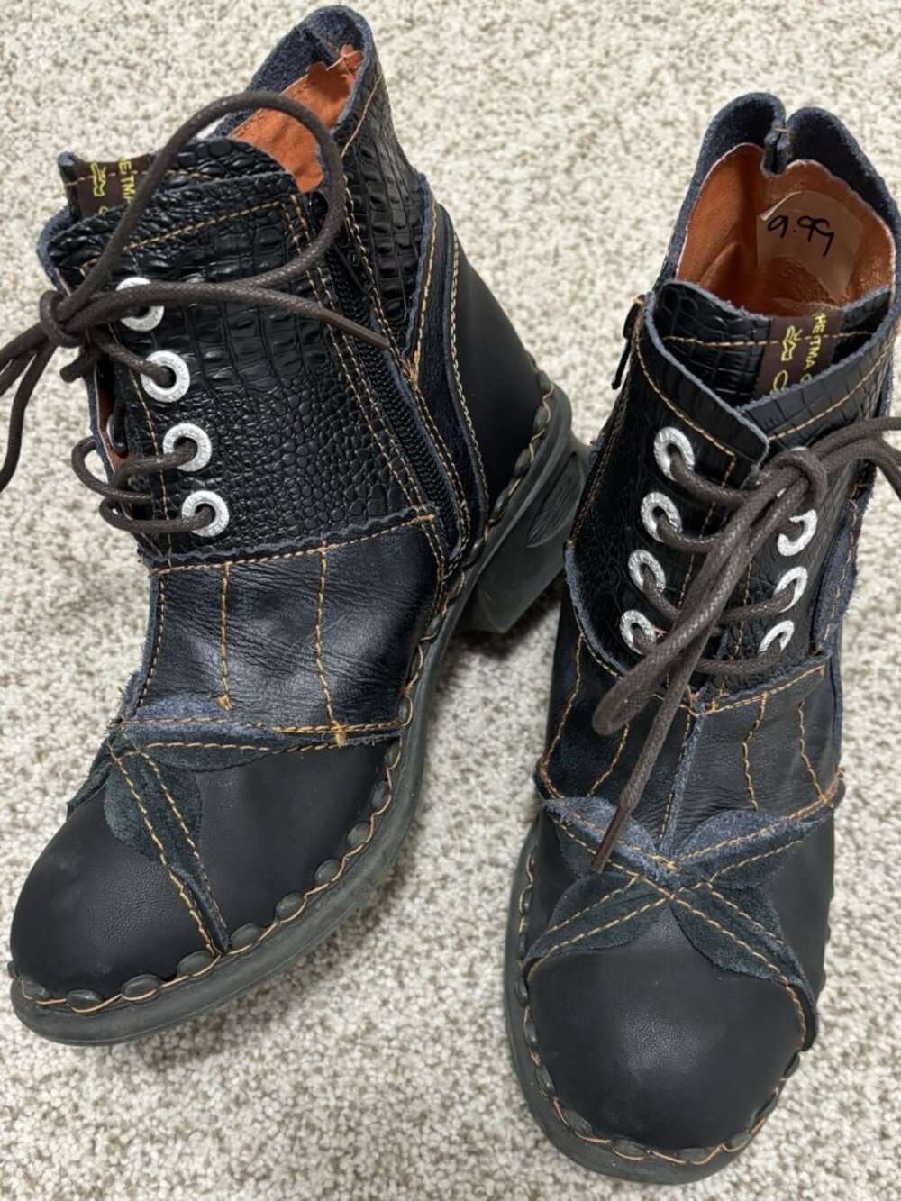 TMA Eyes~ Leather Black/Blue Wearable Art Patchwork Ankle Boots~Size 8